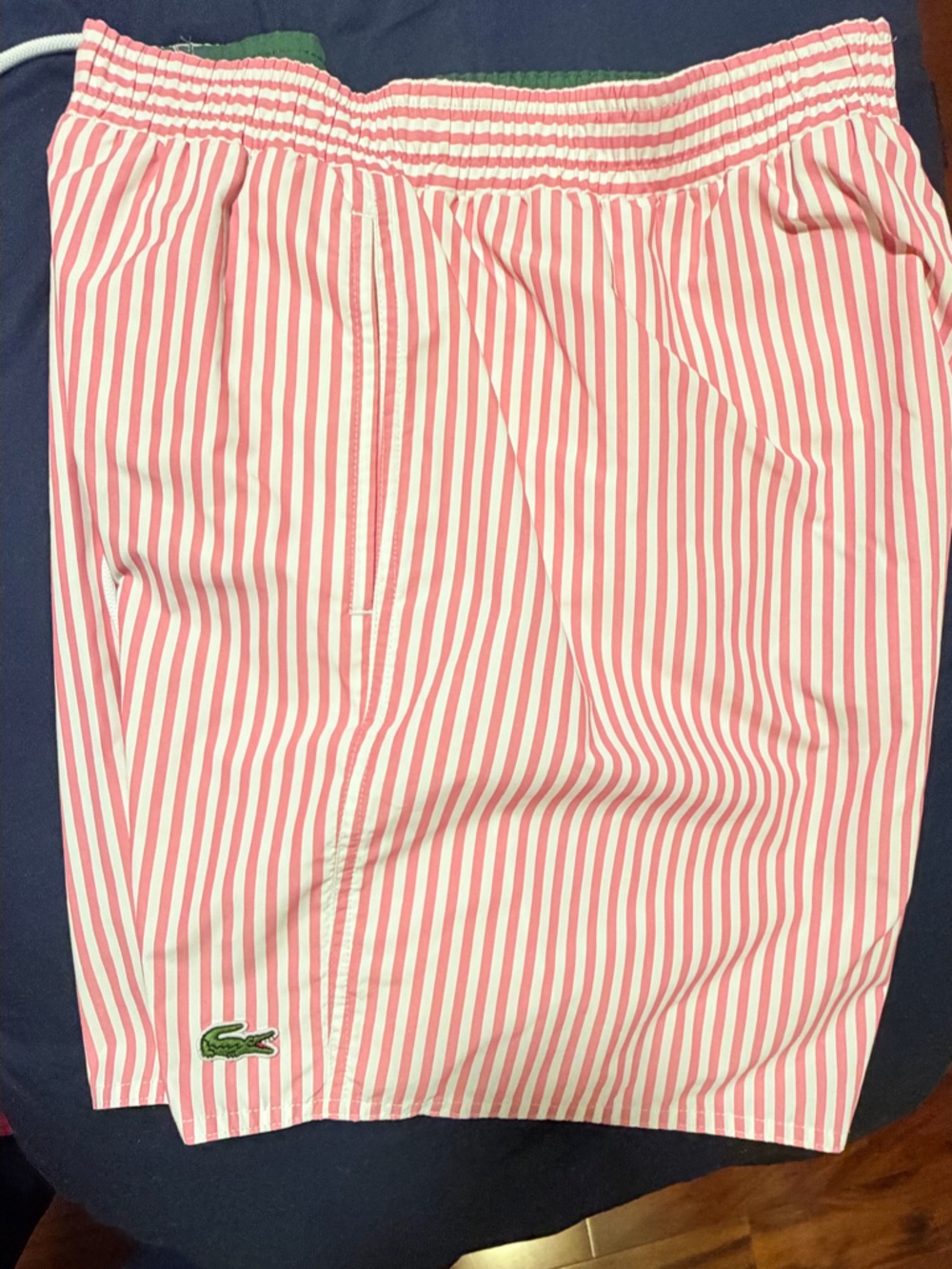 Lacoste Pink and White Striped Swim Trunks